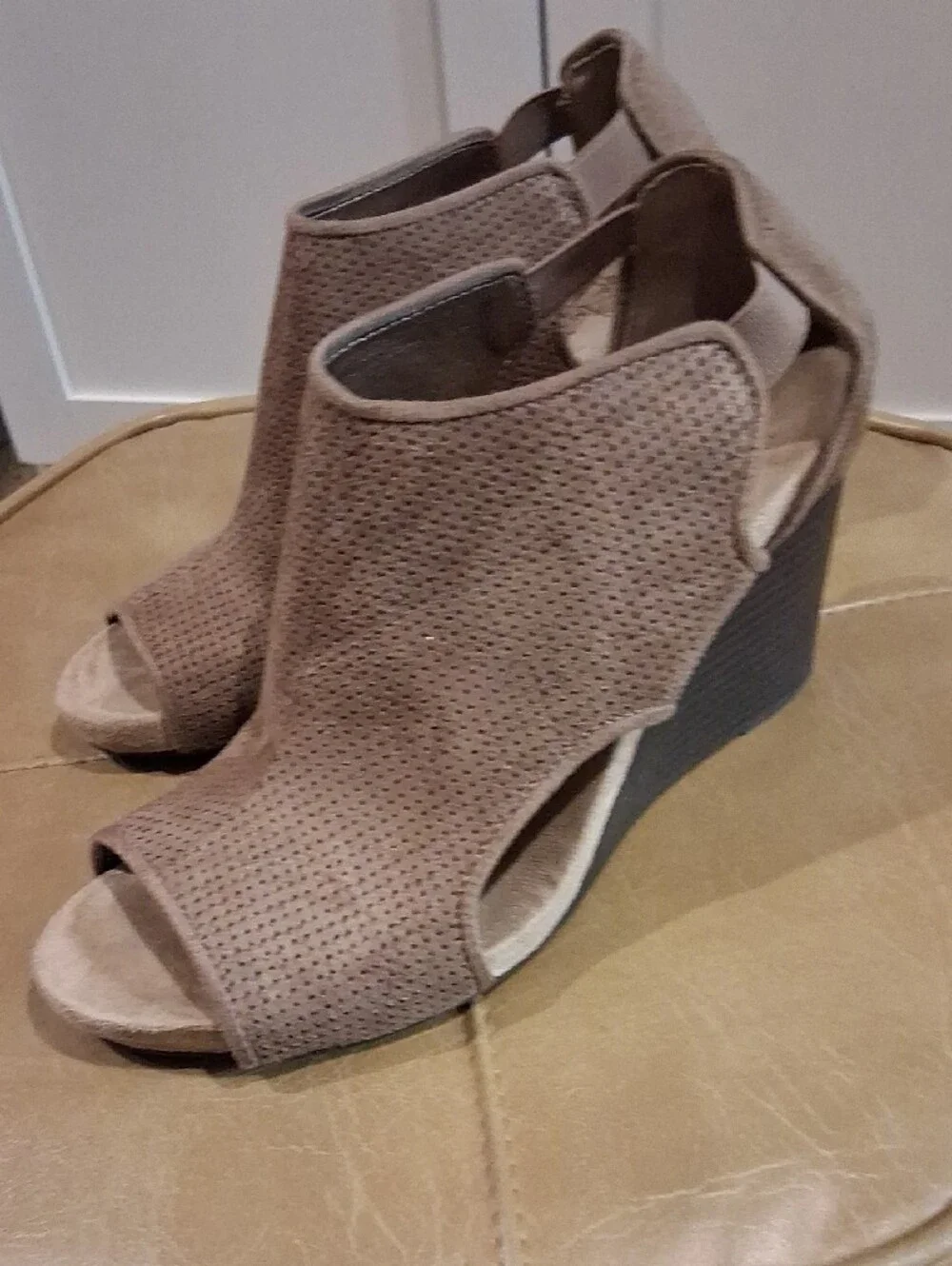 Life Stride Taupe Perforated Suede Peep-Toe Wedge Booties